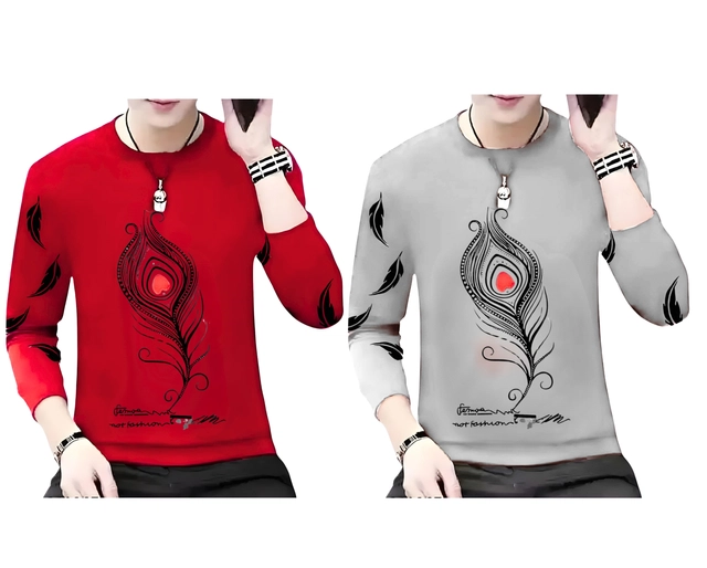 Round Neck Printed T-Shirts for Men (Grey & Red, S) (Pack of 2)