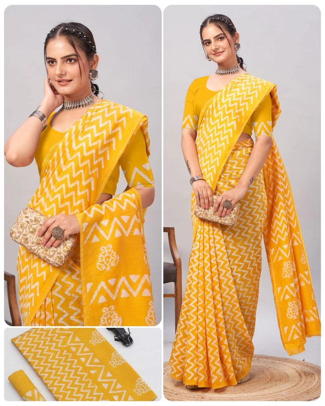 Chanderi Cotton Batik Printed Saree for Women (Yellow, 6.3 m)