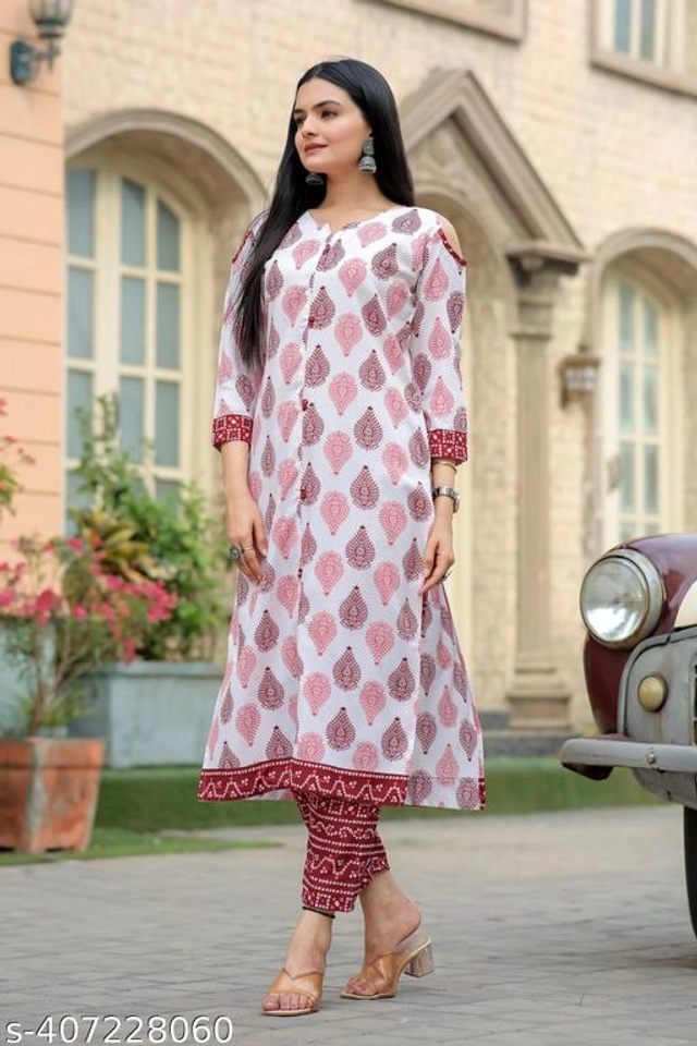 Cotton Linen Printed Kurti with Pant for Women (Maroon & White, S)