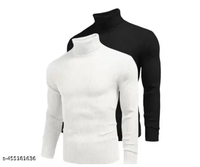 Cotton Blend Hi-Neck Solid Sweatshirt for Men (Black & White, S) (Pack of 2)