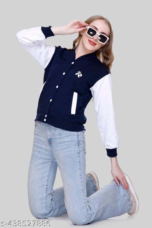 Fleece Solid Jackets for Women (Navy Blue & White, S)