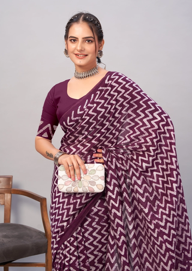 Chanderi Cotton Printed Sarees for Women (Purple, 6.3 m)