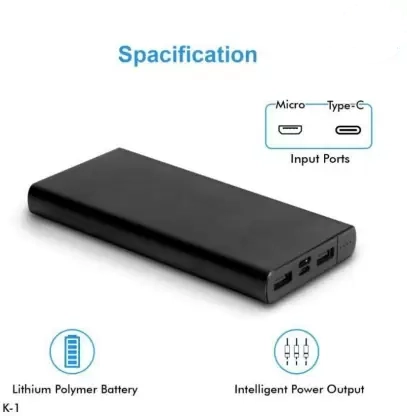 Premium Power Bank with In-built Type A, B, C & Lightening Cables (White, 10000 mAh)