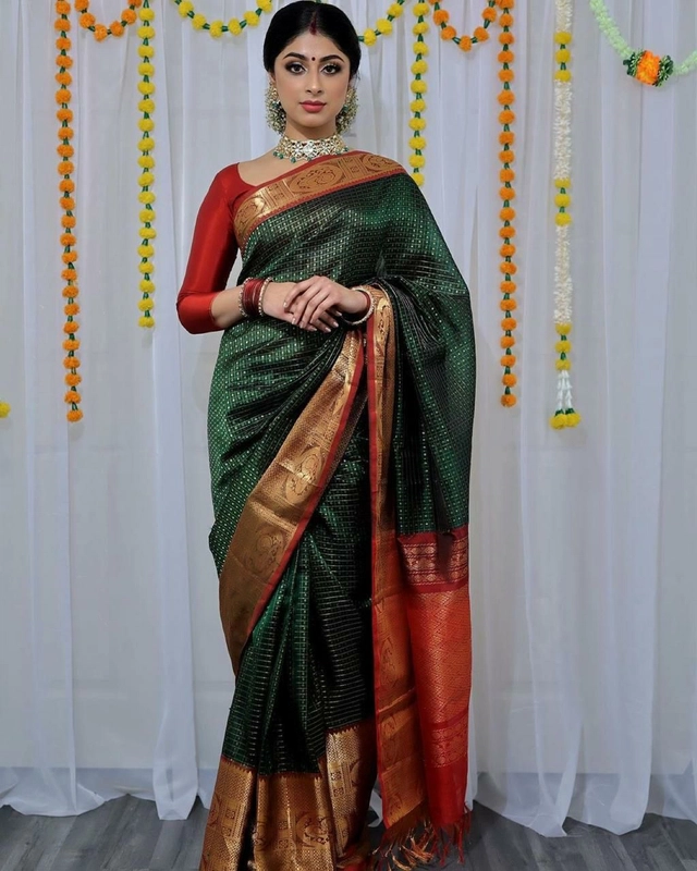 Banarasi Silk Woven Saree for Women (Bottle Green, 6.3 m)