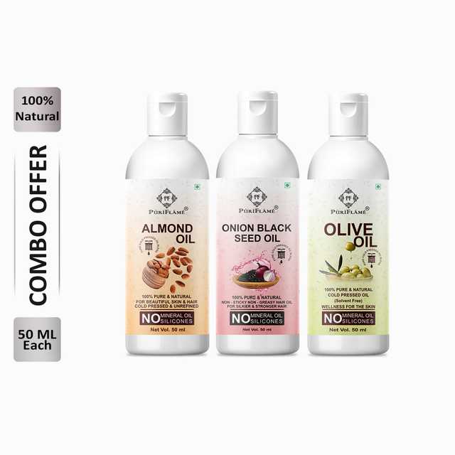 Puriflame Pure Almond Oil (50 ml), Onion Black Seed Oil (50 ml) & Olive Oil (50 ml) Combo for Rapid Hair Growth (Pack of 3) (B-8827)