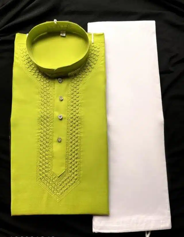 Cotton Blend Kurta with Pyjama Set for Men (Green & White, M)