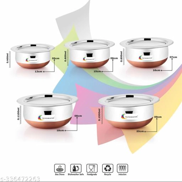 Stainless Steel Copper Bottom Handi Pot Set with Lid (Silver, Set of 5)