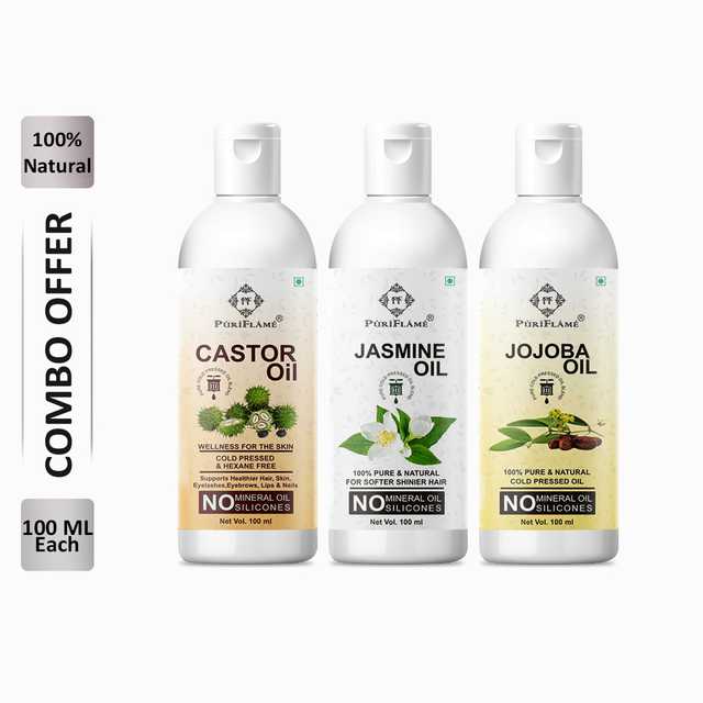 PuriFlame Pure Castor Oil (100 ml) & Jasmine Oil (100 ml) & Jojoba Oil (100 ml) Combo For Rapid Hair Growth (Pack Of 3) (B-3447)