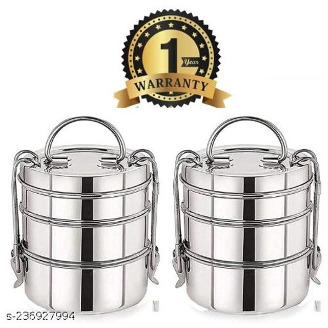 Stainless Steel 3 Layer Lunch Box (Silver, Pack of 2)