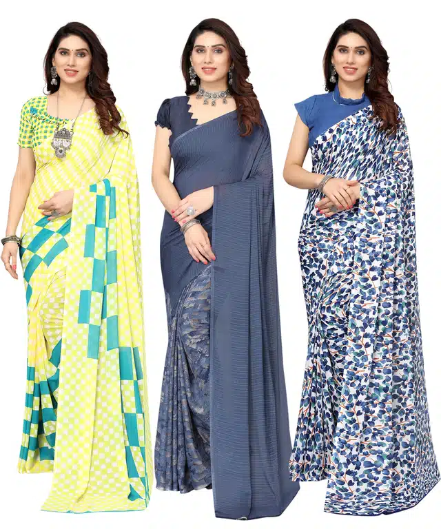 Women's Designer Floral Printed Saree with Blouse Piece (Pack of 3) (Multicolor) (SD-215)