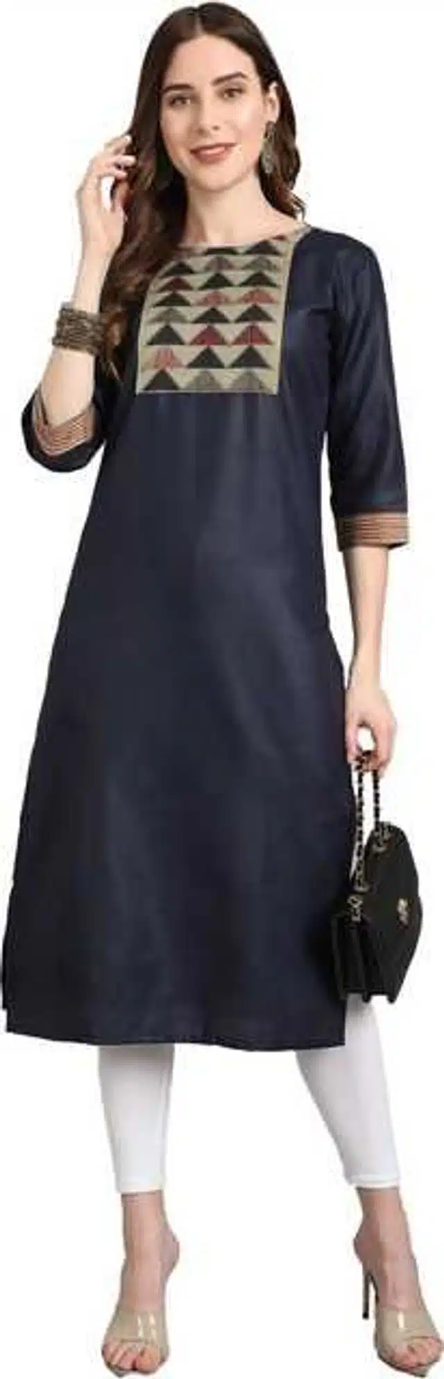 Women Cotton Blend Printed Kurta (Navy Blue, L) (SD-649)