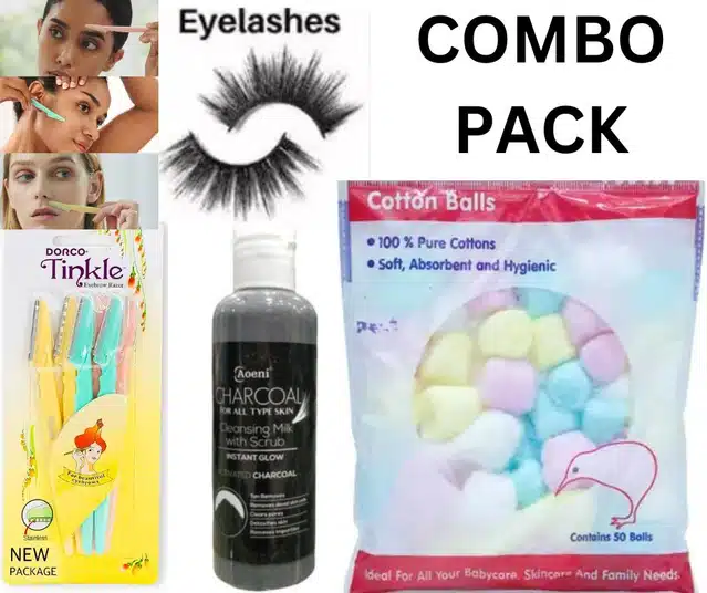 Aoeni Charcoal Cleansing Milk with Scrub & Cotton Balls , 3 Pcs Face Razor, Eyelashes  (Multicolor, Set of 4)