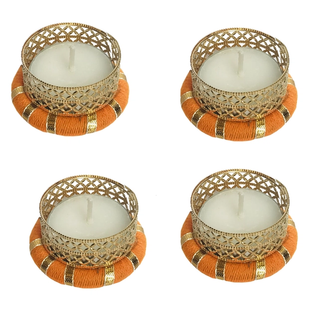 Metal Designer Tealight Candle Holder (Orange, 5x5x2 cm) (Pack of 4)