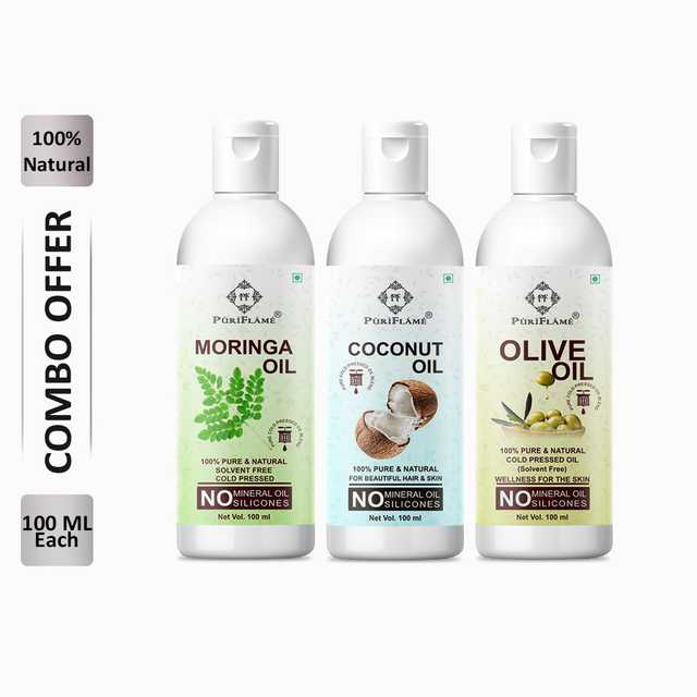 PuriFlame Pure Moringa Oil (100 ml) & Coconut Oil (100 ml) & Olive Oil (100 ml) Combo For Rapid Hair Growth (Pack Of 3) (B-5465)