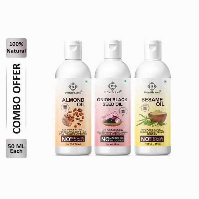 Puriflame Pure Almond Oil (50 ml), Onion Black Seed Oil (50 ml) & Sesame Oil (50 ml) Combo for Rapid Hair Growth (Pack of 3) (B-8830)
