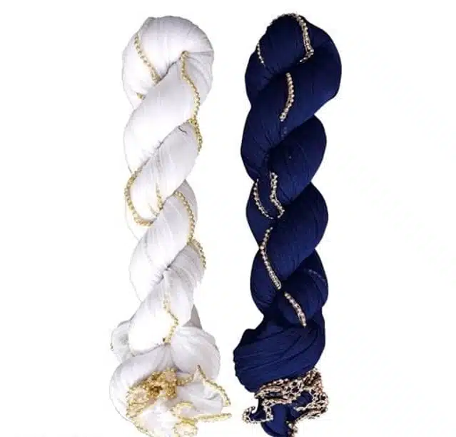 Cotton Blend Dupattas for Women (White & Navy Blue, 2 m) (Pack of 2)