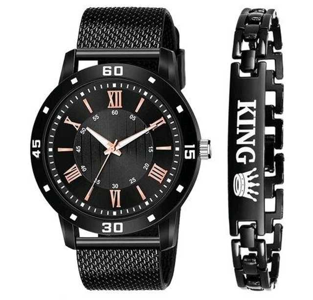 Elegant Collection Stylish PU Belt Watch & Bracelet (Black, Pack Of 2) (EC_011)