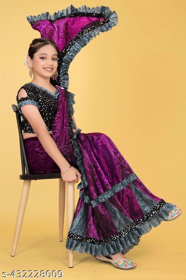 Self-Design Fancy Saree for Girls with Blouse (Wine, 3-4 Years)