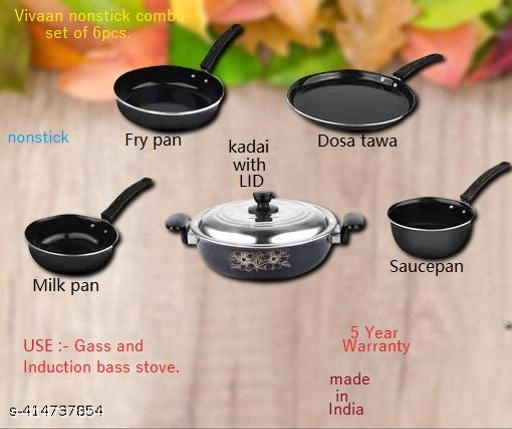 Combo of Sauce Pan, Tadka Pan, Fry Pan, Tawa & Kadai with Lid (Black, Set of 5)