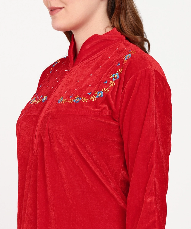 Velvet Embroidered Nightdress for Women (Red, Free Size)