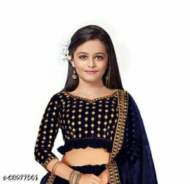 Satin Embroidered Lehenga with Choli & Dupatta for Girls (Navy Blue, 2-3 Years)