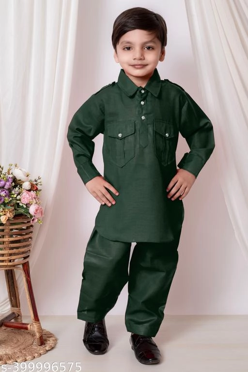 Cotton Solid Kurta with Pyjama for Boys (Green, 1-2 Years)