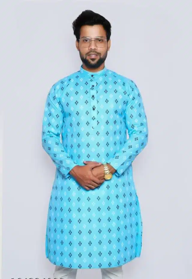 Cotton Printed Full Sleeves Kurta for Men (Sky Blue, M)