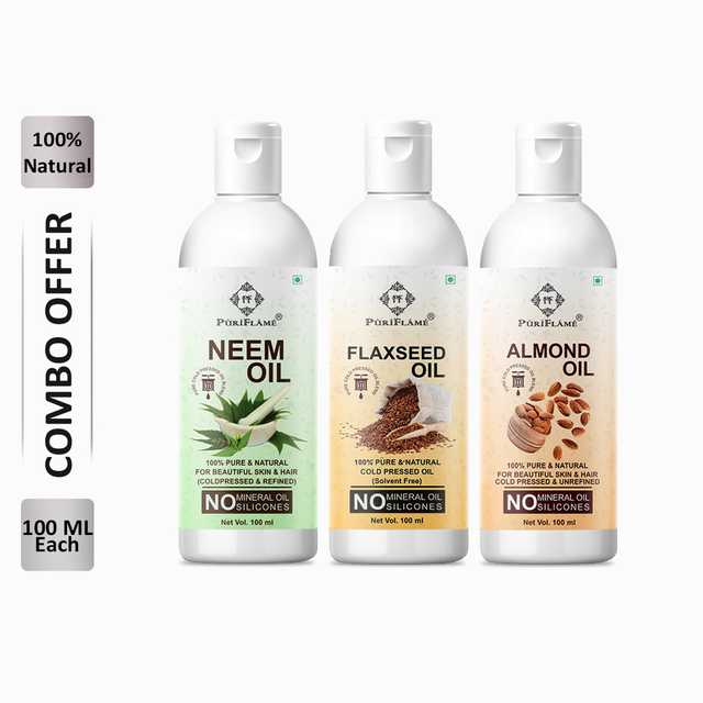 PuriFlame Pure Neem Oil (100 ml) & Flaxseed Oil (100 ml) & Almond Oil (100 ml) Combo For Rapid Hair Growth (Pack Of 3) (B-5814)