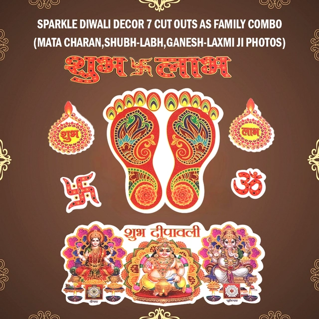 Sparkle Diwali Decor Cut outs as Family Combo(Mata Charan,Shubh-Labh,Ganesh-Laxmi Ji Photos)