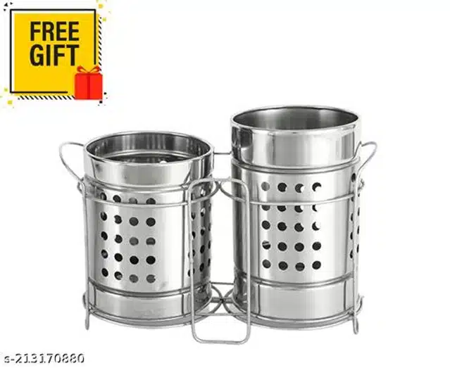 Stainless Steel Twin Cutlery Rack with Whisk (Silver, Set of 2)