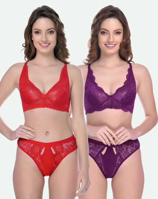PIBU Cotton Lingerie Set for Women (Pack of 2) (Red & Purple, 34) (P-99)
