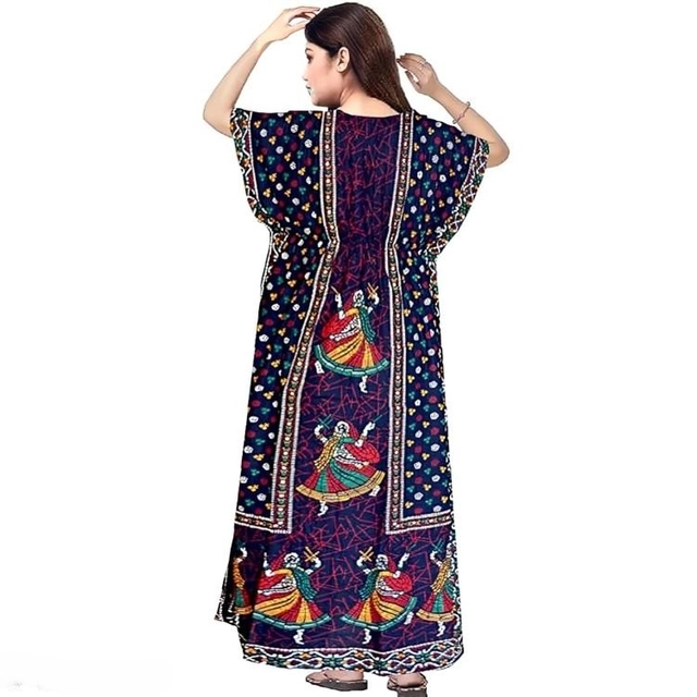 Satin Printed Kaftan for Women (Navy Blue, L)