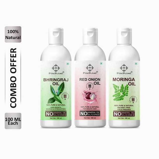 PuriFlame Pure Bhringraj Oil (100 ml) & Red Onion Oil (100 ml) & Moringa Oil (100 ml) Combo For Rapid Hair Growth (Pack Of 3) (B-2873)