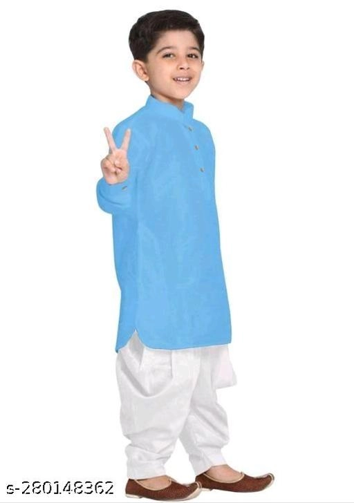 Cotton Solid Kurta with Pyjama for Boys (2-3 Years, Sky Blue & White)