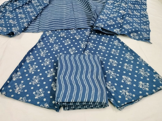 Cotton Original Bagro Batik Unstitched Suit Fabric with Dupatta for Women (Navy Blue, 2.25 m)