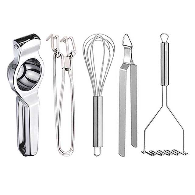 Stainless Steel Lemon Squeezer & Pakkad & Egg Whisk & Roti Chimta & Potato Masher For Kitchen
