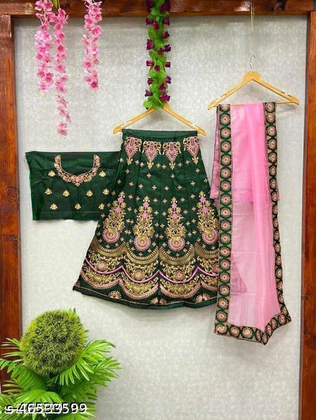 Satin Embroidered Lehenga with Choli & Dupatta for Girls (Green & Pink, 2-3 Years)