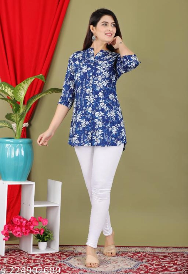 Rayon Three Quarter Sleeves Top for Women (Blue, Xs)