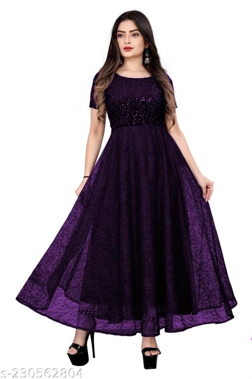 Net Embellished Gown for Women (Wine, S)