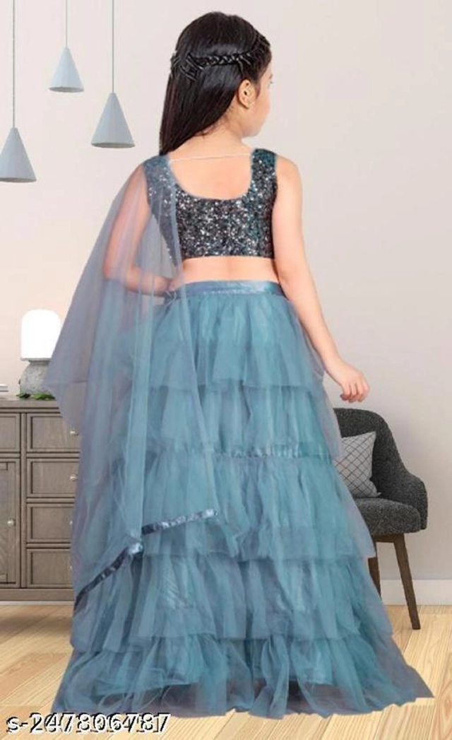 Net Solid Lehenga Choli with Dupatta for Girls (Grey, 1-2 Years)