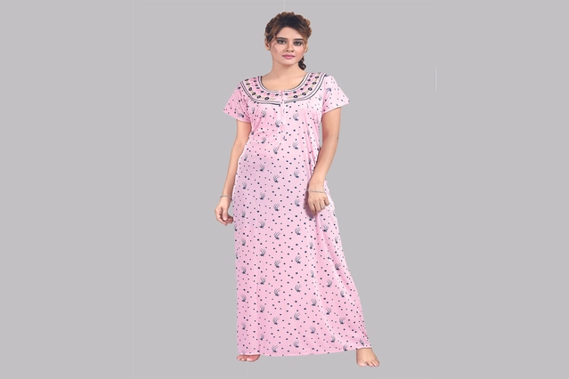 Hosiery Printed Nightdress for Women (Baby Pink, Free size)