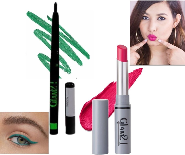 Glam21 Long Lasting Lipstick with Waterproof Kajal (Pink & Green, Set of 2)