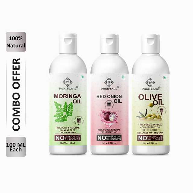 PuriFlame Pure Moringa Oil (100 ml) & Red Onion Oil (100 ml) & Olive Oil (100 ml) Combo For Rapid Hair Growth (Pack Of 3) (B-5610)