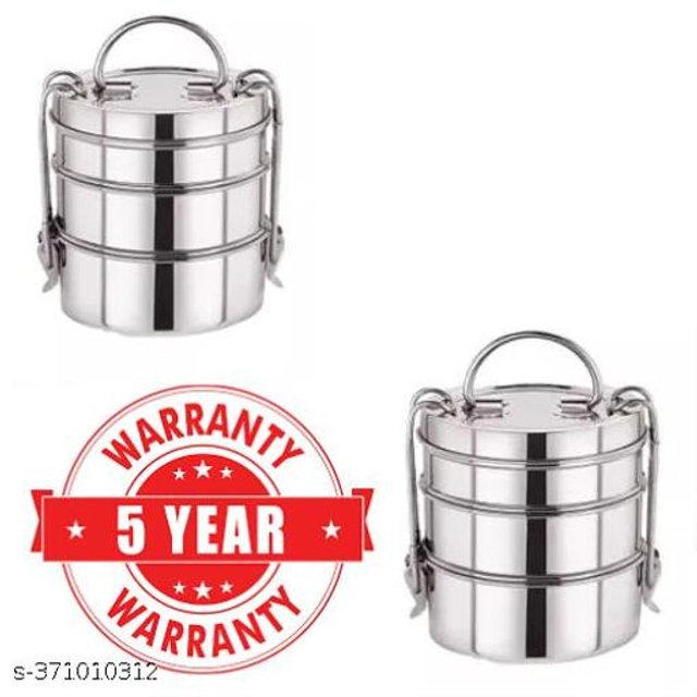 Stainless Steel 3 Layer Lunch Box (Silver, Pack of 2)