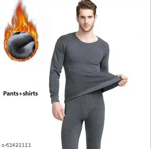 Cotton Blend Thermal Set for Men (Grey, S)