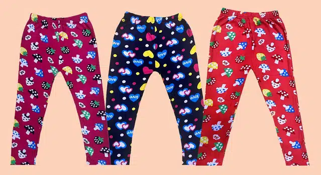 Fleece Printed Tights for Girls (Pack of 3) (Multicolor, 3-4 Years)