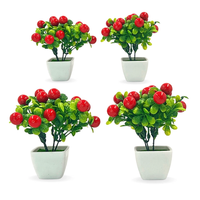 Plastic Bonsai Cherry Plant with Pot (Multicolor, Pack of 4)