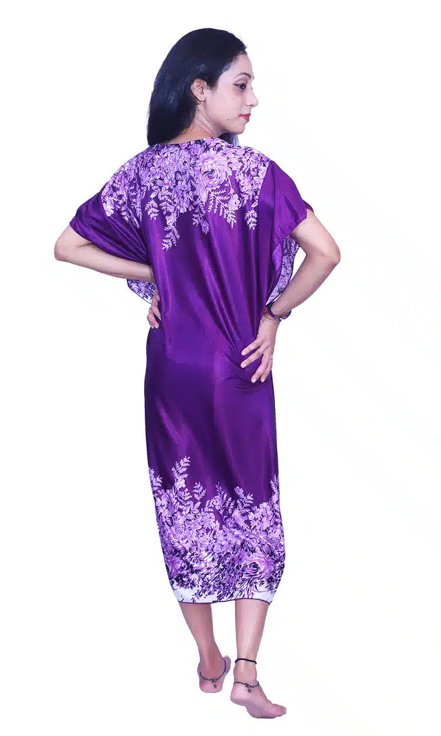 Satin Printed Night Dress for Women (Purple, Free Size)