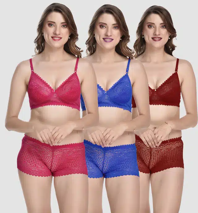 Women's Bra and Panty Set (Multicolour, 34) (Set of 3) (F-2186)