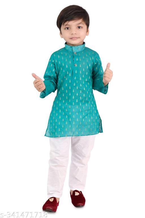 Cotton Blend Printed Kurta with Pyjama for Boys (Turquoise & White, 0-3 Months)